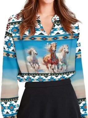 Women’s Turquoise Horses Print Blouse